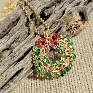Christmas Wreath Green Red Gold Enamel Holiday Pendant Necklace